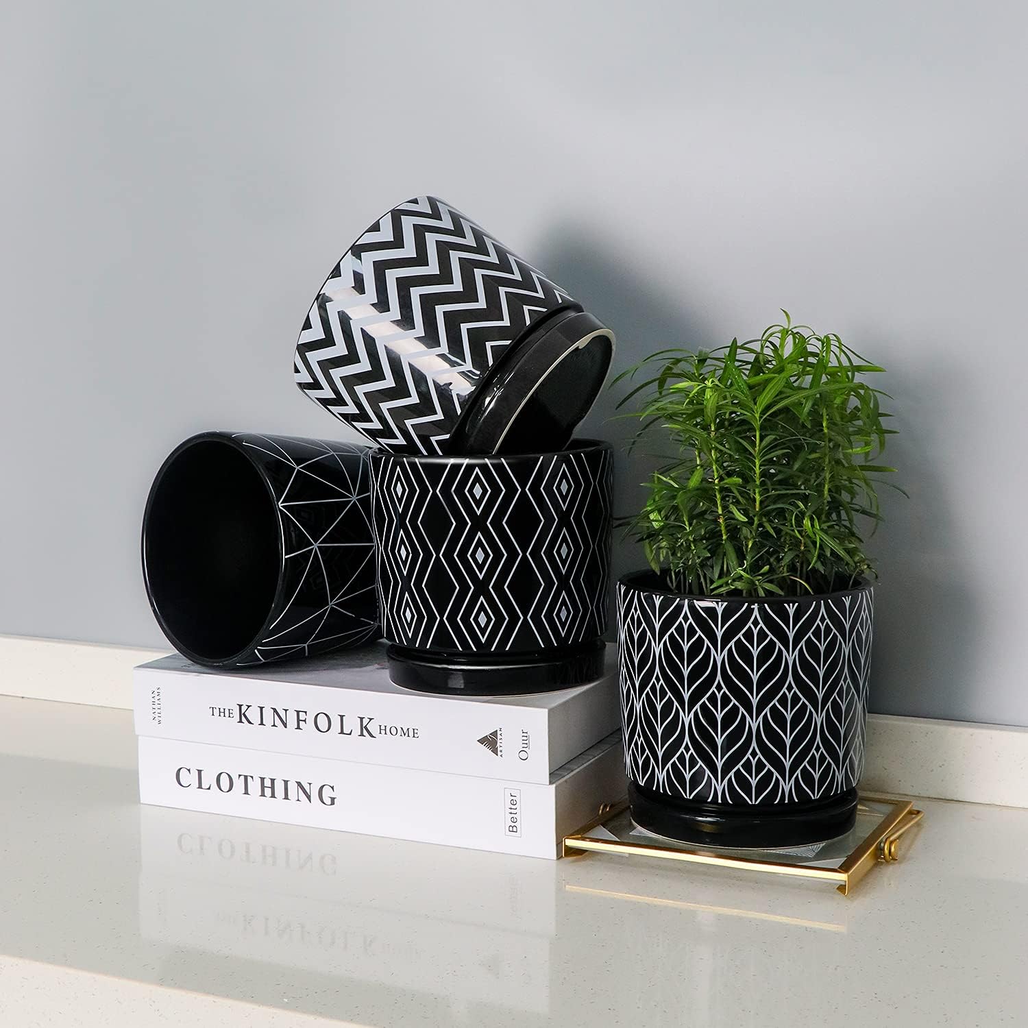 Flower Pots,5.5 Inch Black Ceramic Planters with Drainage Hole Set of 4 | Geometry Pots for Plants | Indoor Cylinder