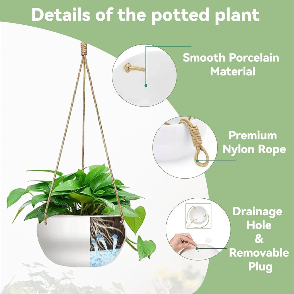 Ceramic Hanging Planters for Indoor Outdoor Plants,8 in Modern Plant Pot Round Porcelain Hanger Basket with Rope
