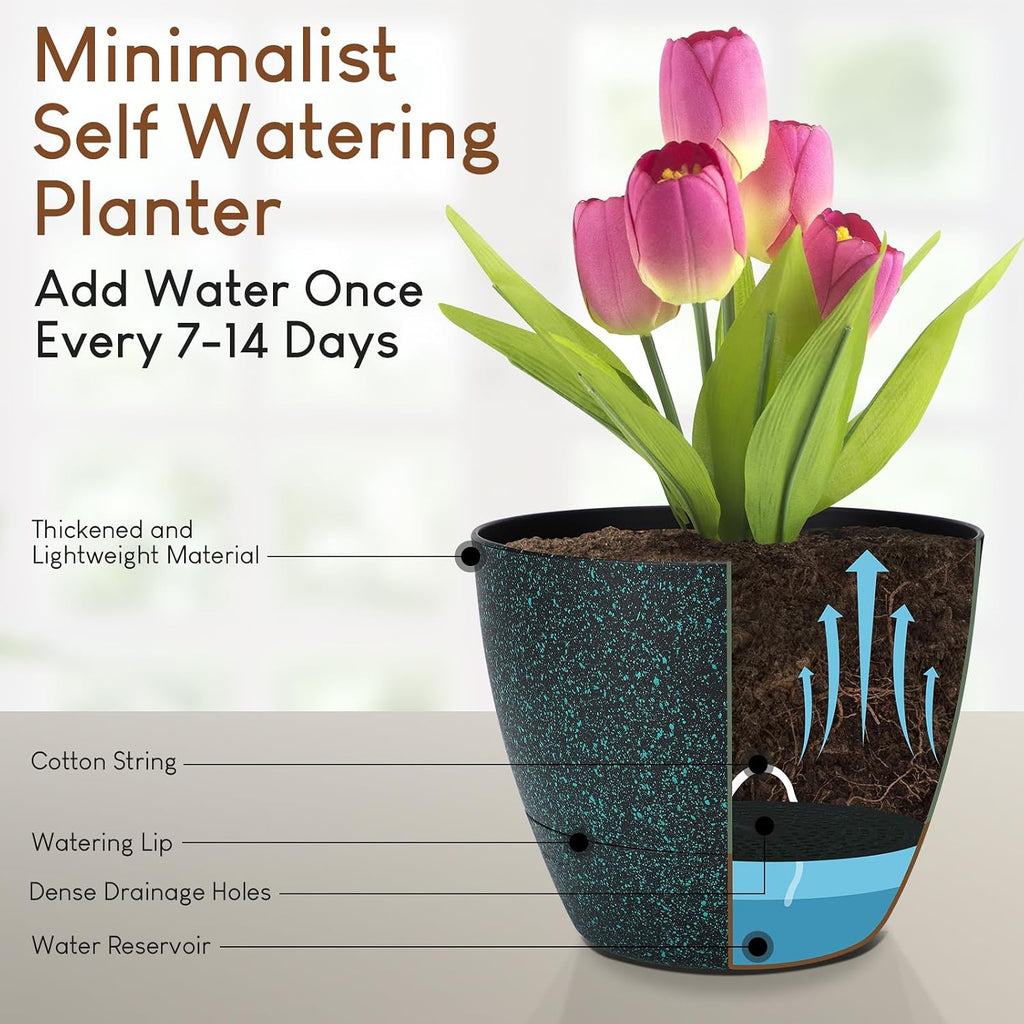 YNNICO Plant Pots 10/9/8/7.5/7 inch, Self Watering Planters with Drainage Holes & Saucers for Indoor and Outdoor Plants