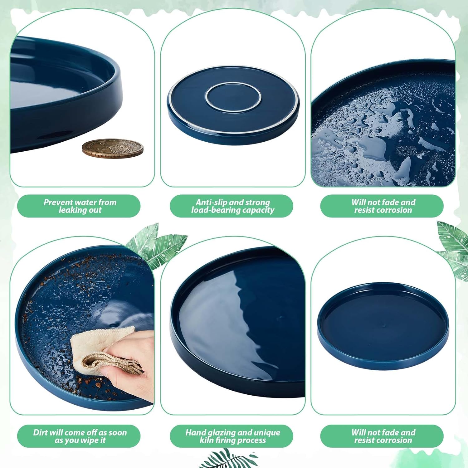 2 Pcs 10 Inch Ceramic Plant Saucer Outdoor Indoor Plant Tray Round Flower Pot Drip Trays Blue Flower Drainage Glazed