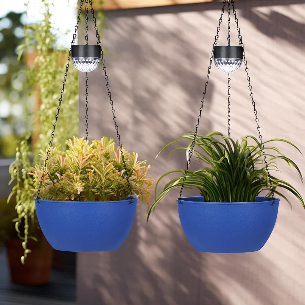 BAYN 2 Packs Solar Hanging Basket Planters for Plants Outdoor | Self Watering, Blue Flower Pots with Solar Light