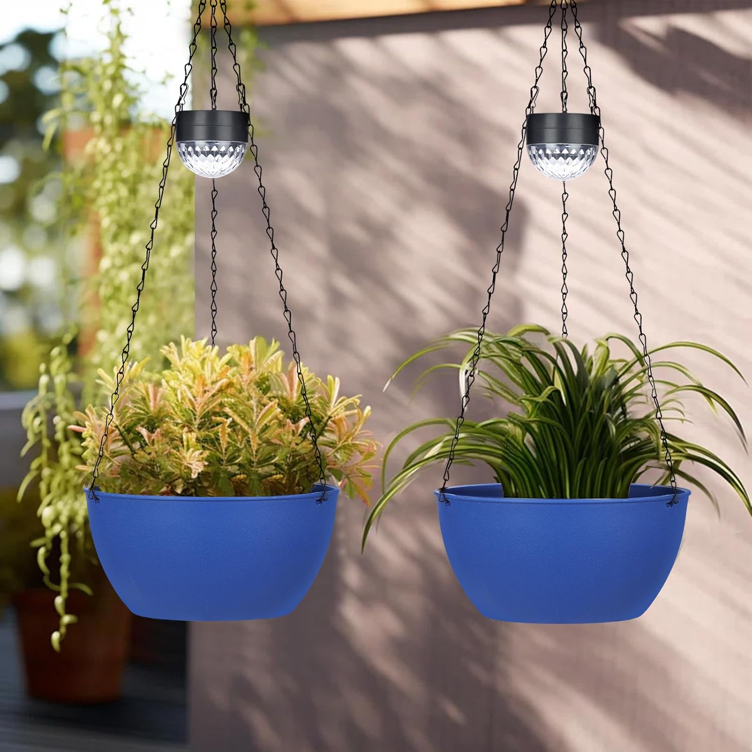 BAYN 2 Packs Solar Hanging Basket Planters for Plants Outdoor | Self Watering, Blue Flower Pots with Solar Light