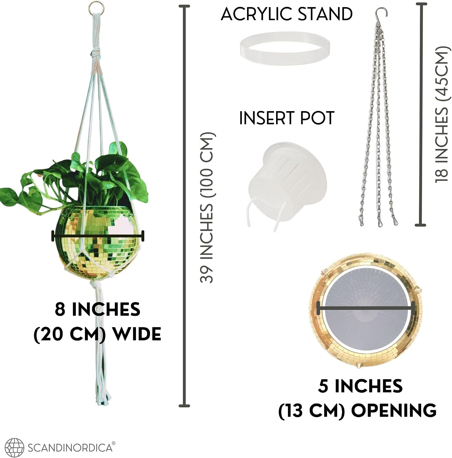 Disco Ball Planter – Disco Ball Plant Hanger, Mirror Disco Planter with Chain, Macrame Hanger, Acrylic Stand and Insert