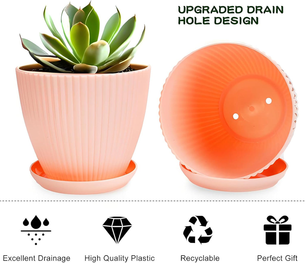 7 Inch Large Plant Pots, 6 Pack Flower Pots with Drainage Hole and Tray Saucer Plastic Plant Pot for Outdoor Indoor
