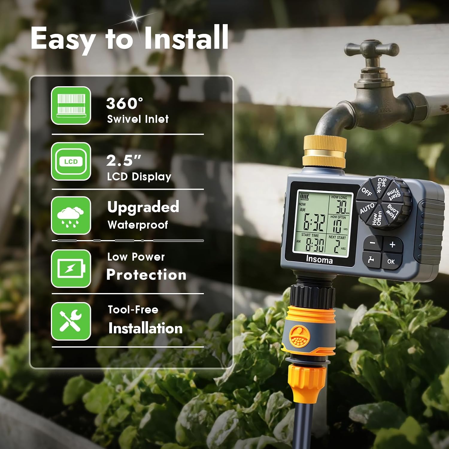 Sprinkler Timer with Brass Inlet, Water Timer for Garden Hose with Auto/Manual/Rain Delay Mode, Easy Setup Hose Timers