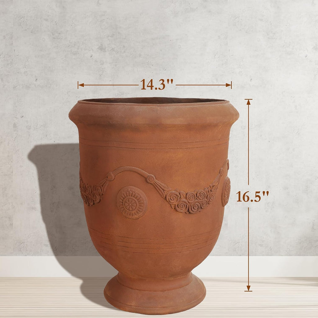Worth Garden Large Urn Planter - 14" Dia x 16.5" H Lightweight Magnesium Oxide Plant Pot with Cement Texture