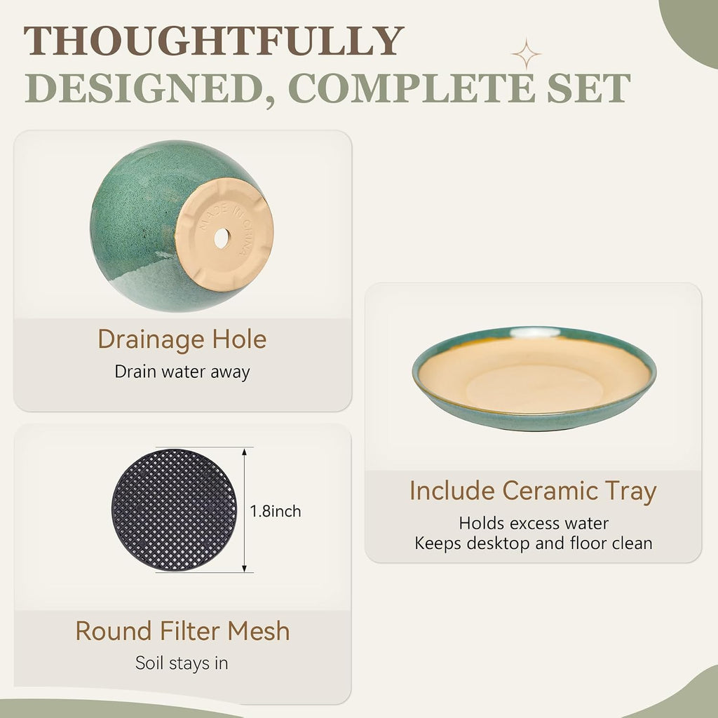 7.5 Inch Ceramic Plant Pot with Drainage Hole Mesh Net,Modern Gardening Pots for Indoor Plants with Saucer, Blue-Green