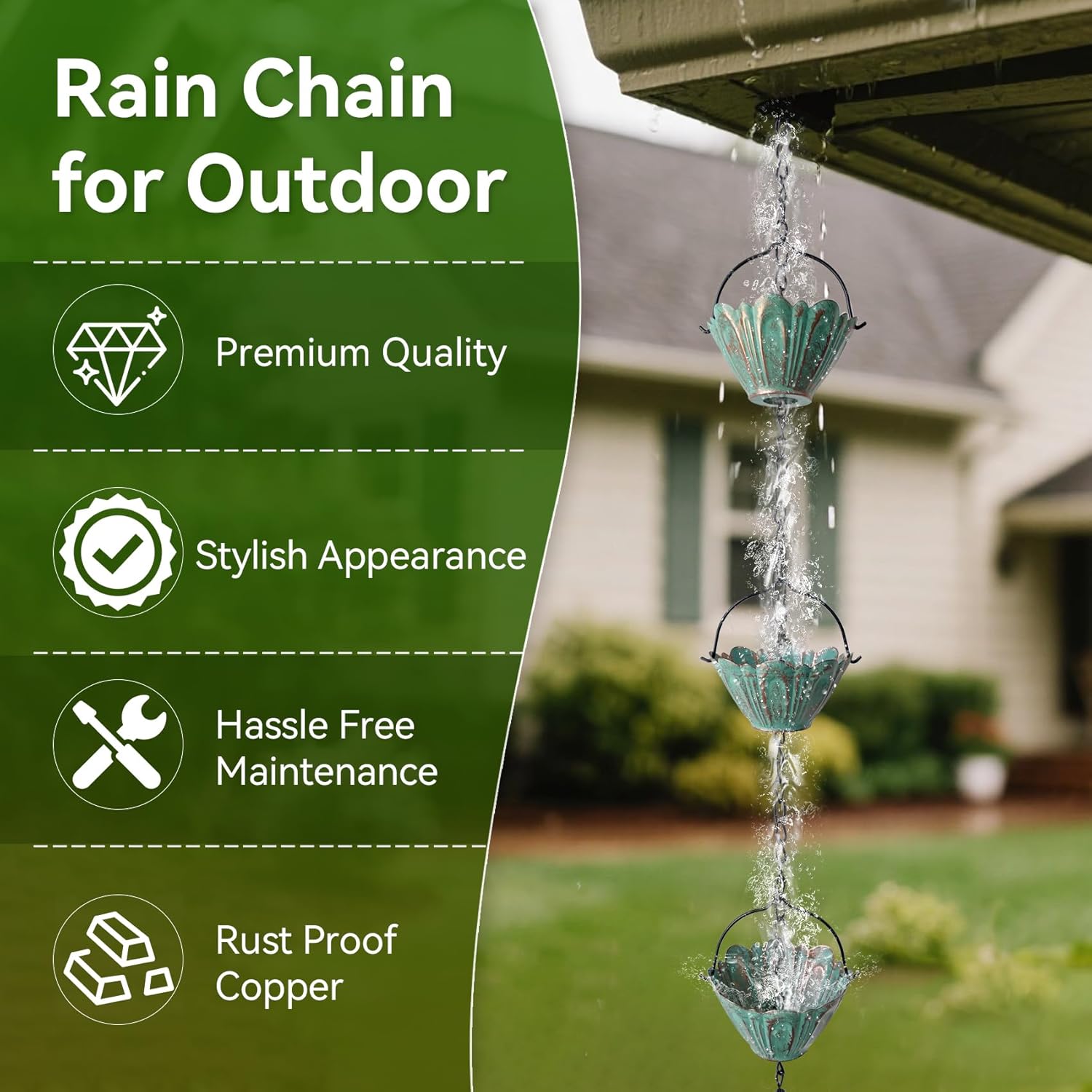 Rain Chains for Outside, 8.7FT Gutter Chain with | 12 Lotus Cups Rain Catcher Chain Replacement Downspout for Gutters