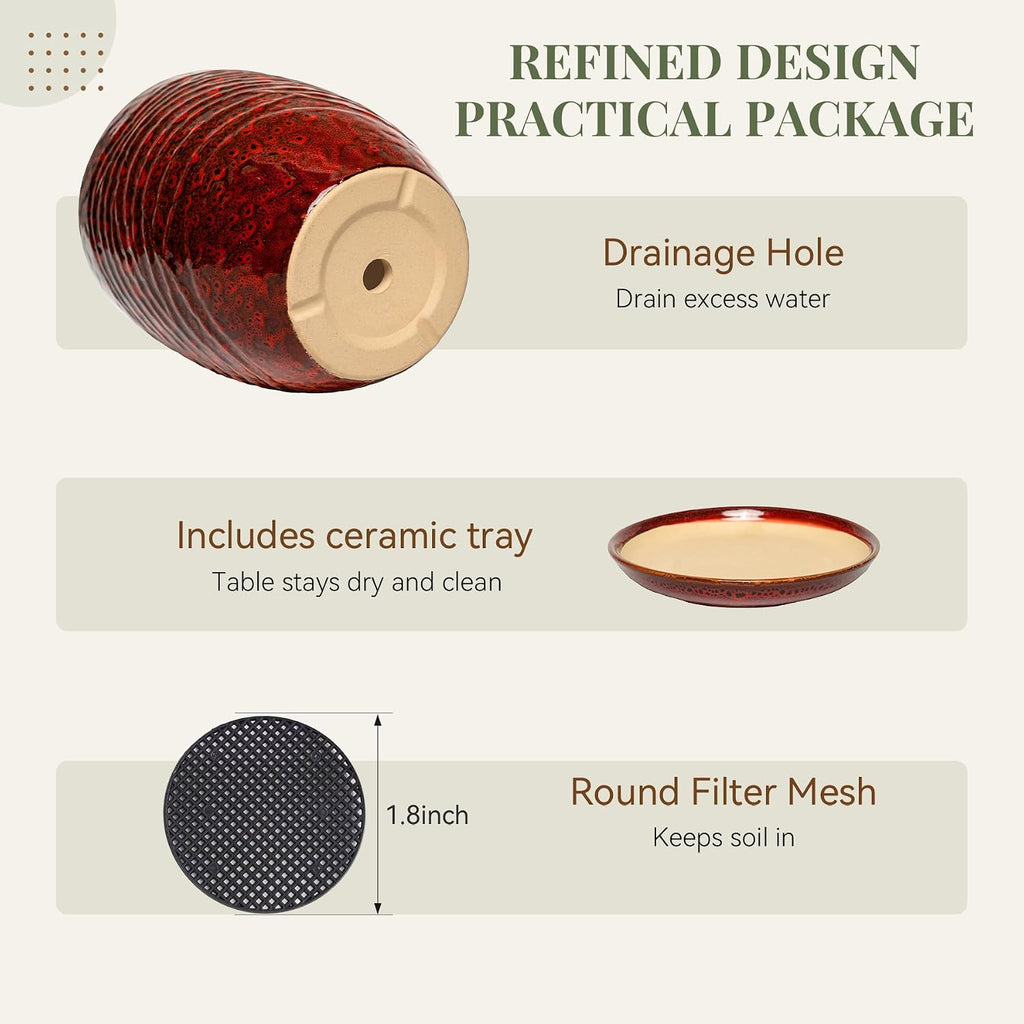 9.5 Inch Modern Ceramic Plant Pot with Saucer, Flower Pot with Drainage Hole Mesh Net,Indoor Outdoor Planter (Speckle