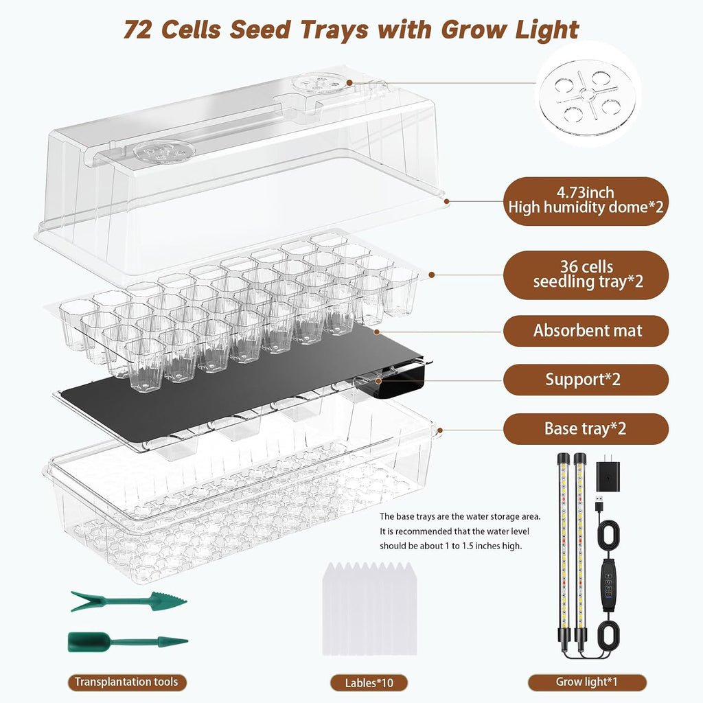 72 Cells Seed Starter Tray Self Watering, Seed Starter Kit with Grow Light, Full Spectrum with 5 Dimmable Brightness &
