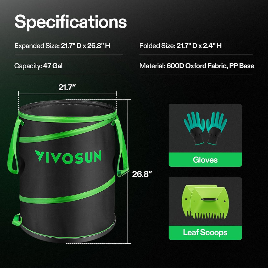 VIVOSUN 2-Pack 47-Gallon Collapsible Garden Bag, Yard Waste Containers | Yard Waste Bin with Hard-Shell Bottom, Leaf