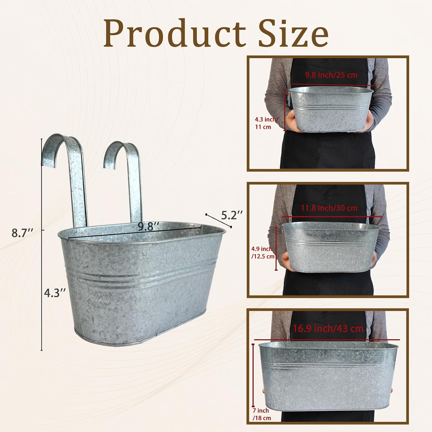 8 Pack 10" Galvanized Hanging Railing Planters with Hooks and Drainage | Rustproof, Detachable hooks, Drainage hole