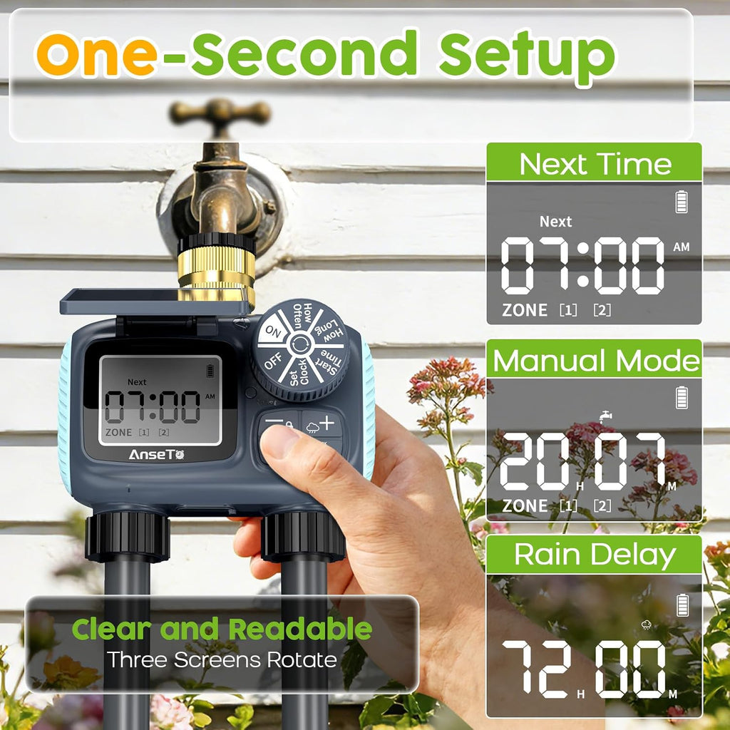 Solar Sprinkler Timer,2 Zone Brass Inlet Water Timer for Garden Hose | Programmable Intelligent Automatic Plant