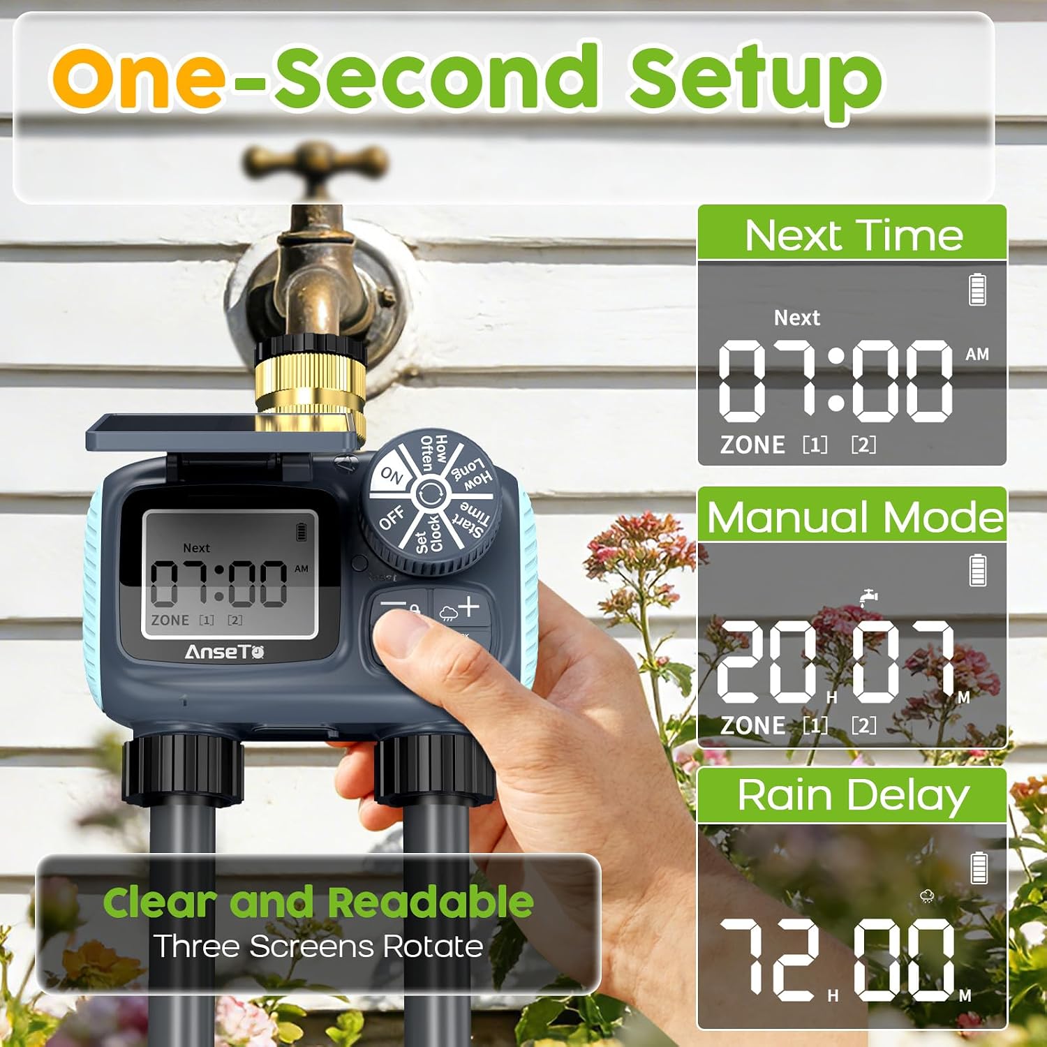 Solar Sprinkler Timer,2 Zone Brass Inlet Water Timer for Garden Hose | Programmable Intelligent Automatic Plant