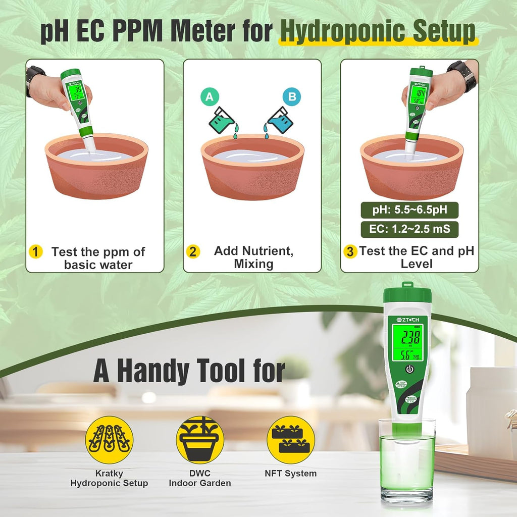 Hydroponic pH EC Meter, Water pH TDS PPM Meter | for Reservoir Nutrient Solution, pH EC Meter for Water Hydroponic DWC