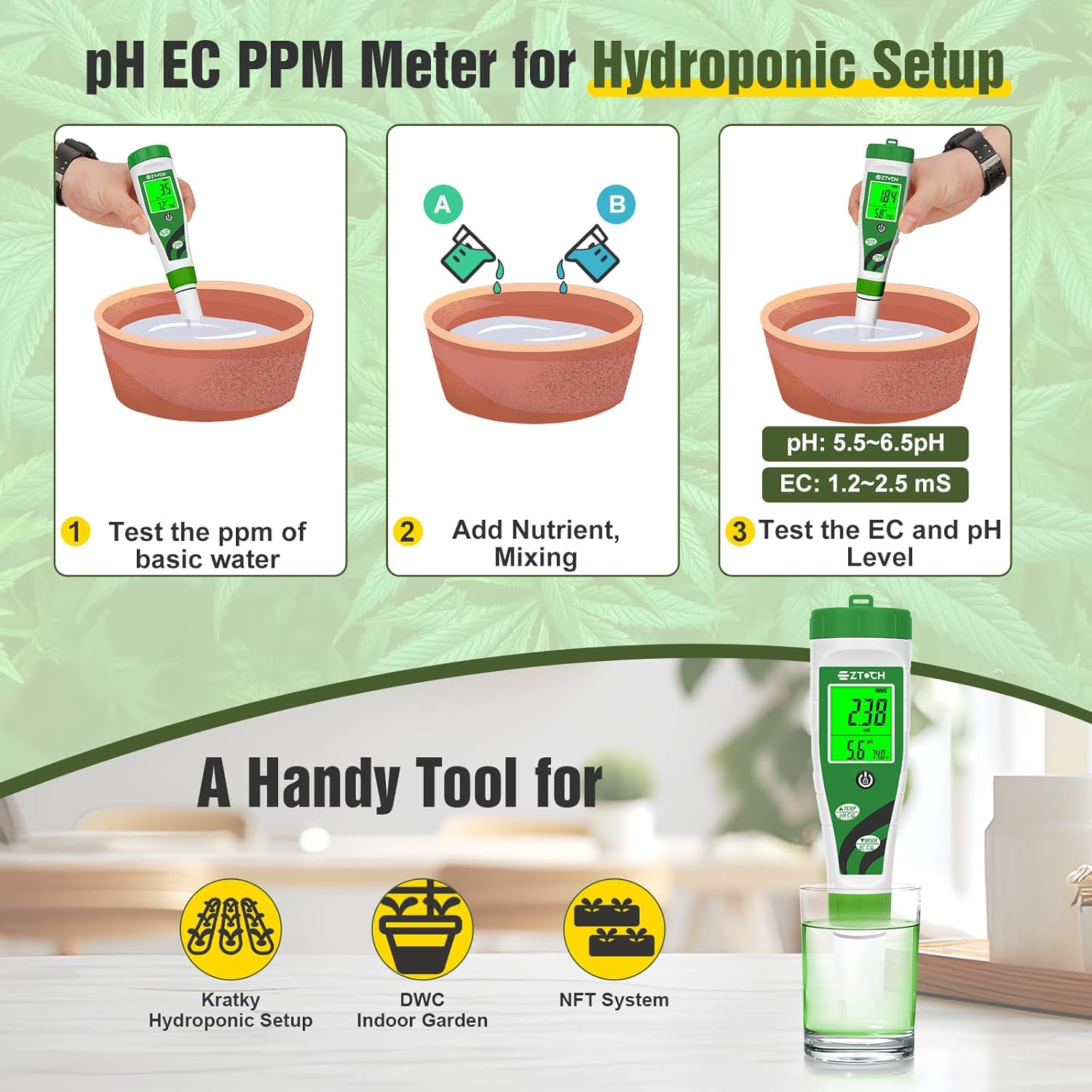 Hydroponic pH EC Meter, Water pH TDS PPM Meter | for Reservoir Nutrient Solution, pH EC Meter for Water Hydroponic DWC