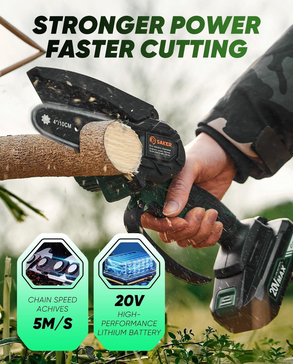 Saker Mini Chainsaw Electric with 2 Batteries Green | Cordless and Portable Chain Saw Battery Powered,Handheld Chain