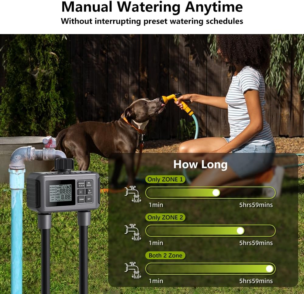 Uzoli 2-Zone Sprinkler Timer for Garden Hose, Programmable Water Timer | Automatic & Manual Mode, Rain Delay, IP55