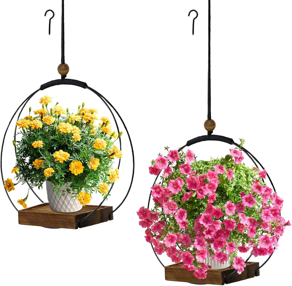 hismocal 2 Pack Hanging Planter for Indoor Plants, Black Plant Hanger with Sturdy Wood Base, Modern Boho Macrame