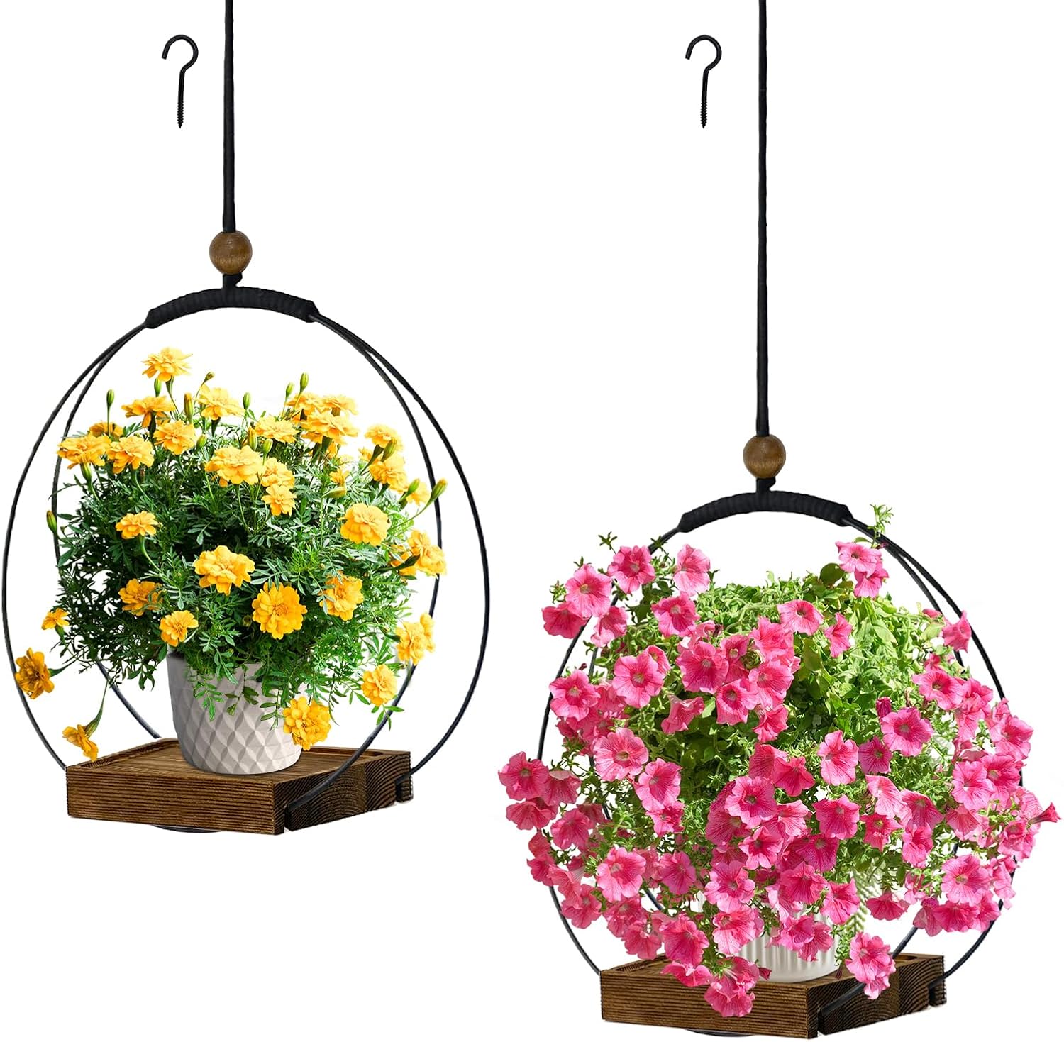 hismocal 2 Pack Hanging Planter for Indoor Plants, Black Plant Hanger with Sturdy Wood Base, Modern Boho Macrame