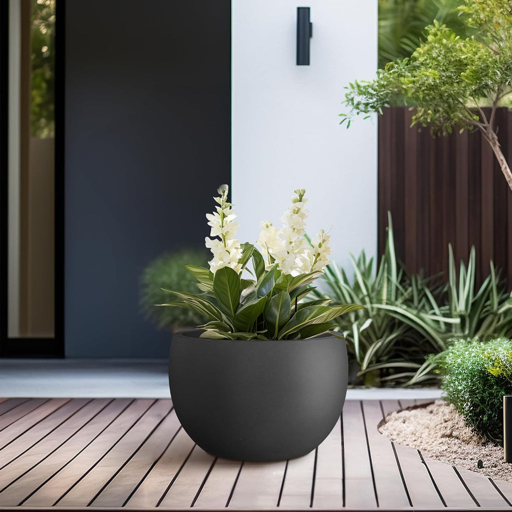Kante Small Round Bowl Black Concrete Planter 11.8" Dia, Outdoor | Rubber Plug for Indoor, Drainage for Garden