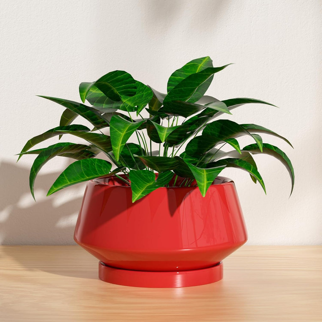 8.3 Inch Red Ceramic Planter with Drainage Hole and Saucer | Ideal for Indoor and Outdoor Plants, Modern Home Decor