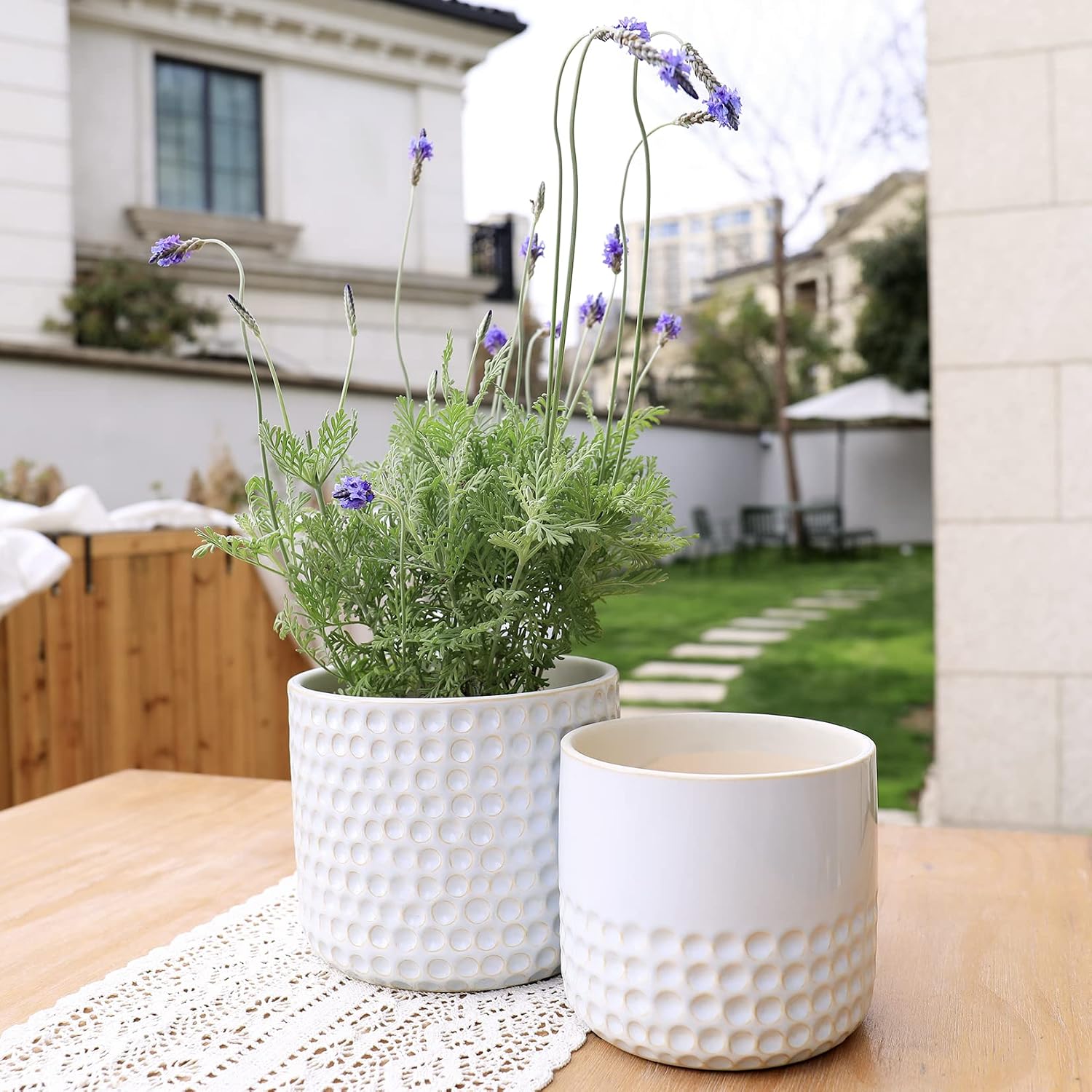 La Jolie Muse Ceramic Planter - 6.7+5.5 Inch Concave Dot Patterned Cylinder Flower Pot W/Drain Hole for Indoor, Set of
