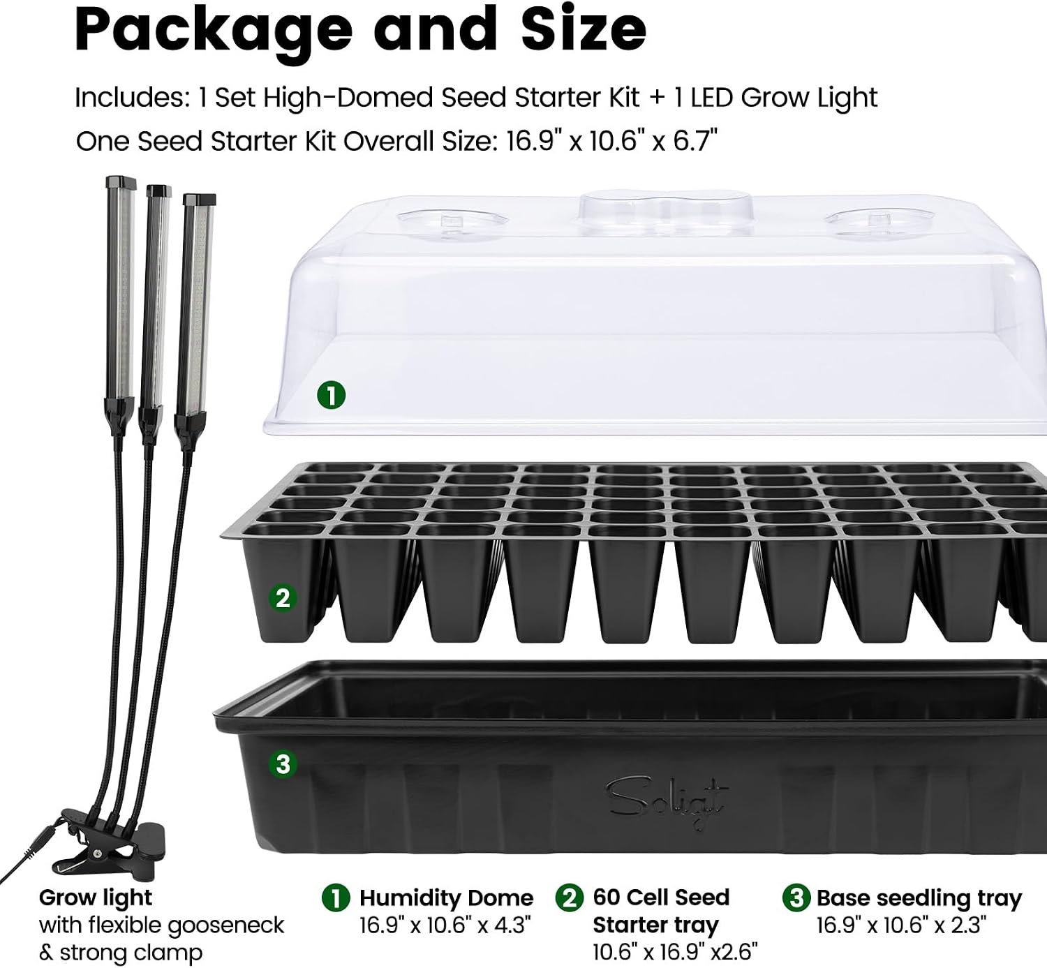 SOLIGT 60 Cell Seed Starter Trays with Grow Light | Seed Starter Kit with 4.3“ Higher Humidity Domes, Full Spectrum