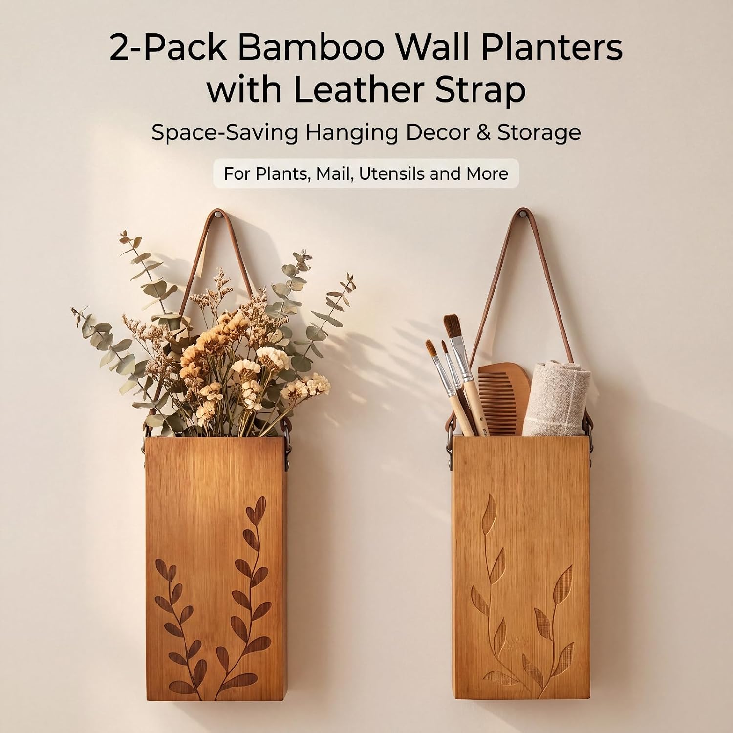 Set of 2 Bamboo Wall Planters Indoor Plants Brown Wood Wall Vase with Durable Leather Handle Boho Wall Decor Living