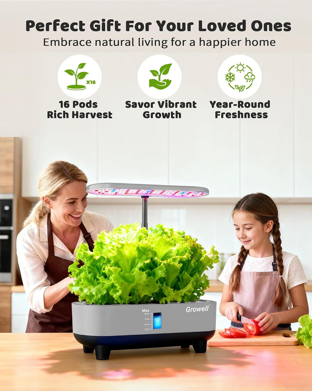 Growell 16 Pods Hydroponics Growing System Kit with 3 Light Modes & 2 Timer | Smart Water Circulation, LED Grow Light
