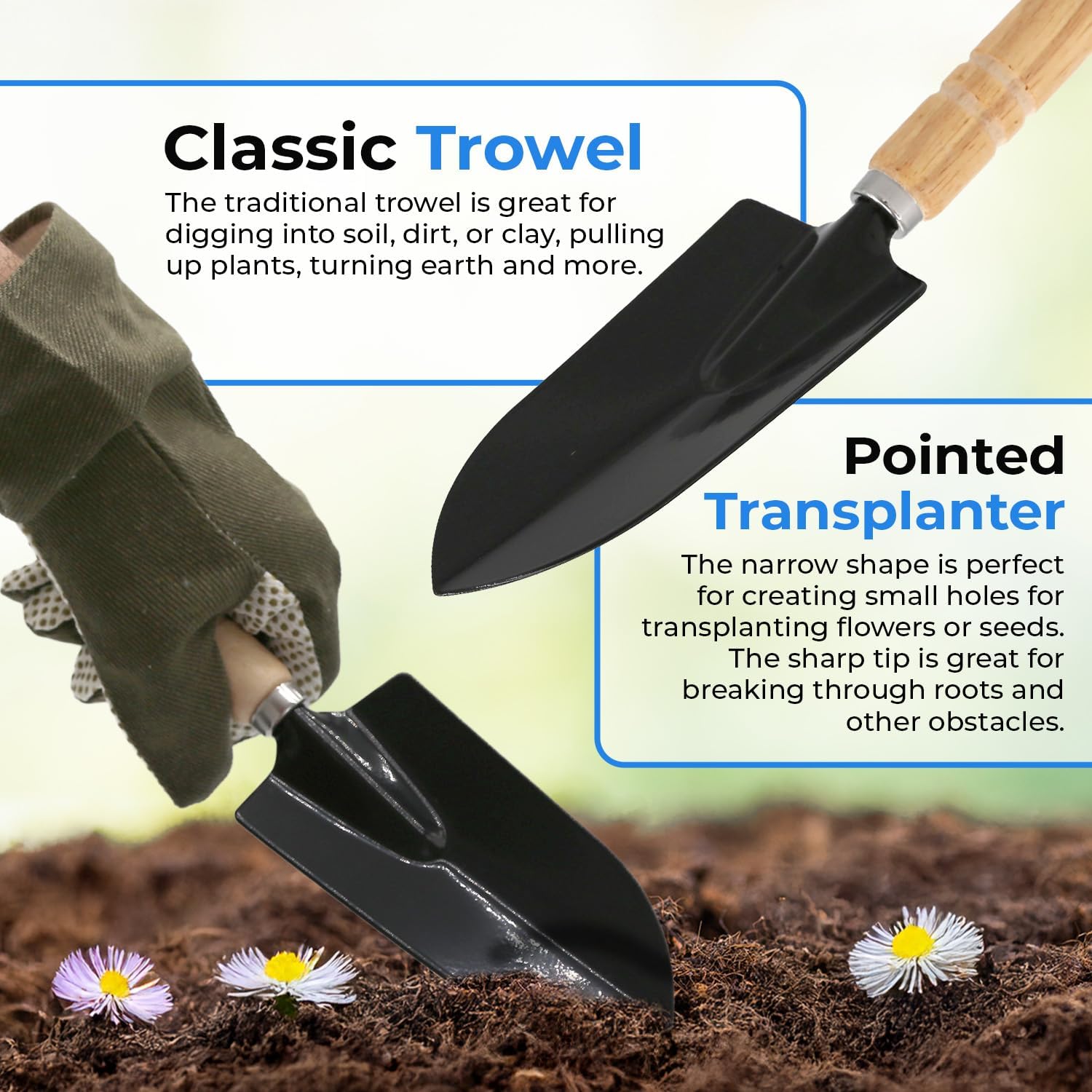 Scuddles 8-Piece Garden Tool Set with Bag, Stainless Steel Tools, Wooden Handles and Soft Poly-Cotton Gloves for