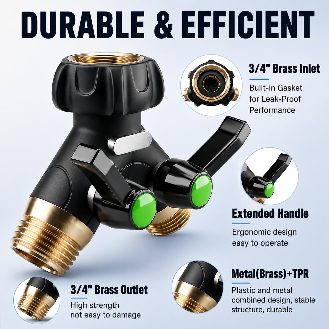 Garden Hose Splitter 2 Way Heavy Duty with Shut Off Valves,3/4" GHT | Large Ball Valve Design Helps Reduce Water