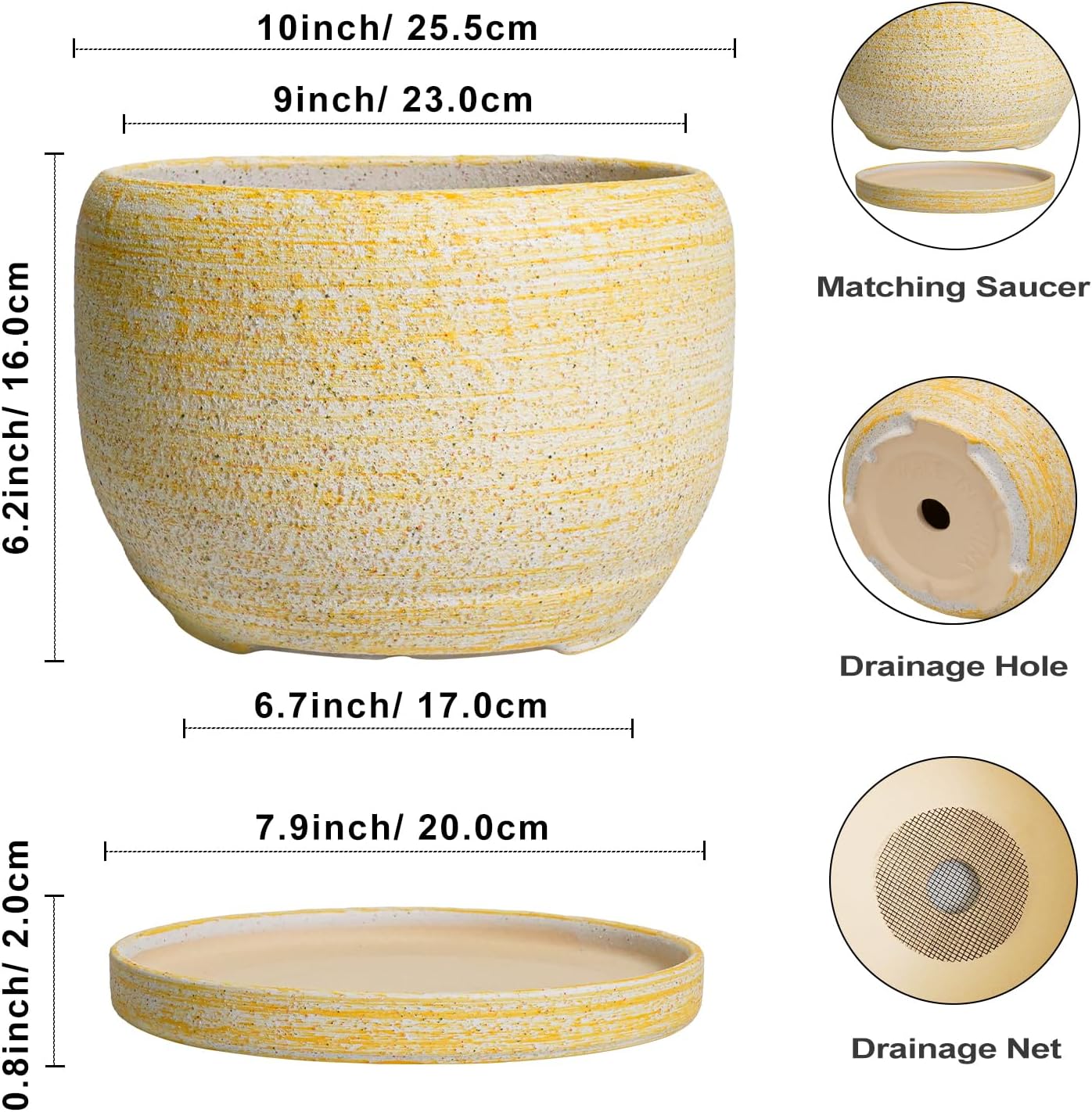 SQOWL Ceramic Planters for Indoor Plants - 10 Inch Plant Pot with Drainage Hole and Saucer, Round Ceramic Flower Pot