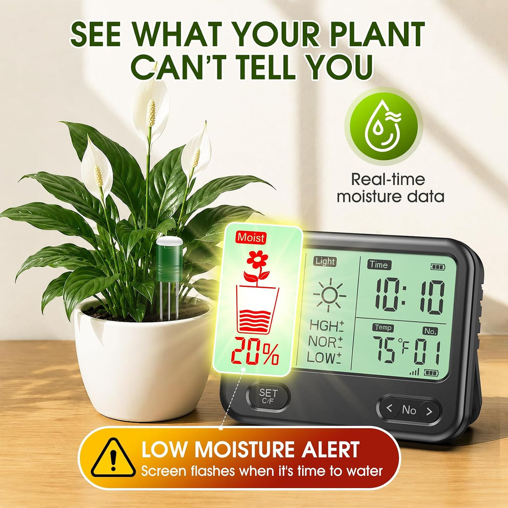 Soil Moisture Meter for Plants,4-in-1 Wireless Soil Tester,Soil Thermometer/Moisture/Sunlight Time,Large