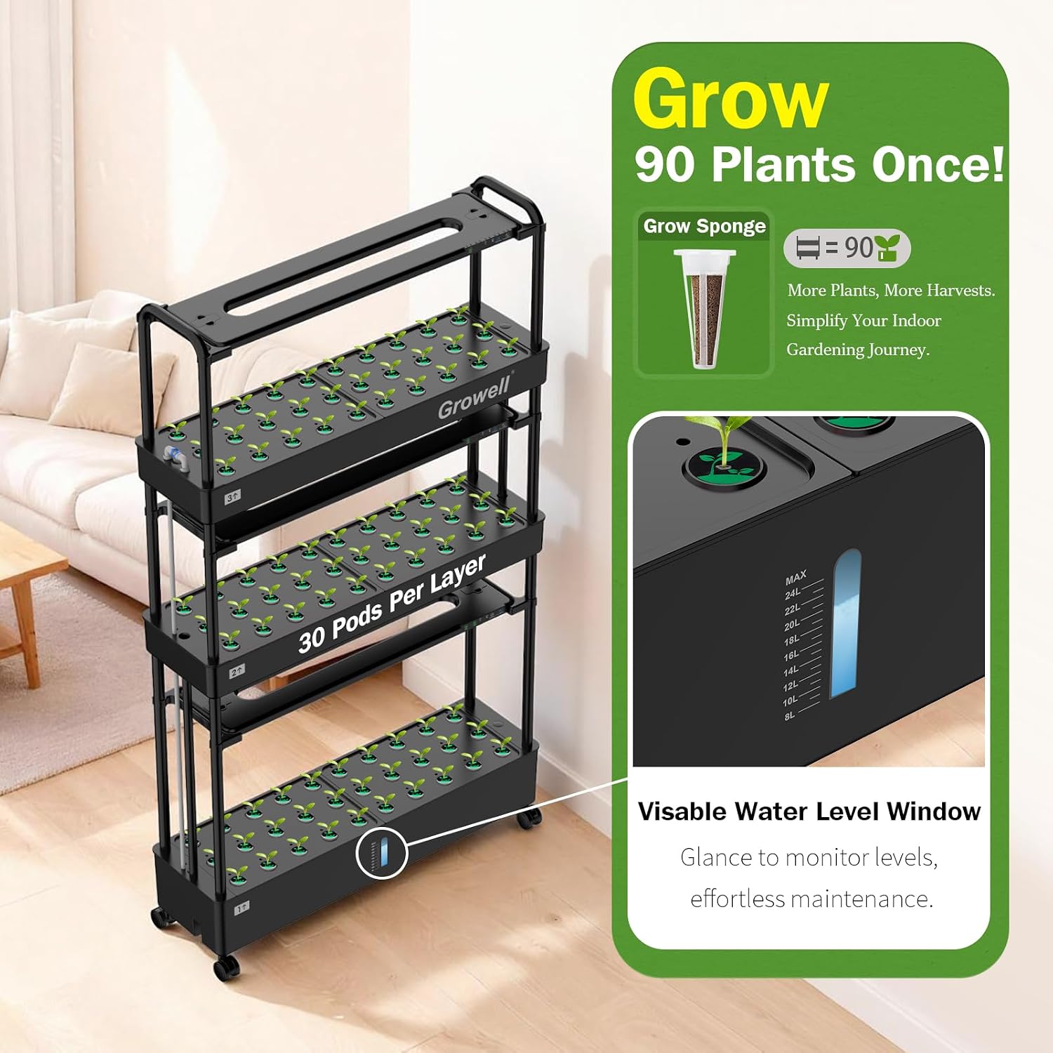 Growell Large Hydroponics Growing System Kit, 90 Pods Vertical Indoor Herb Garden Kit with 2 Light Modes & Auto