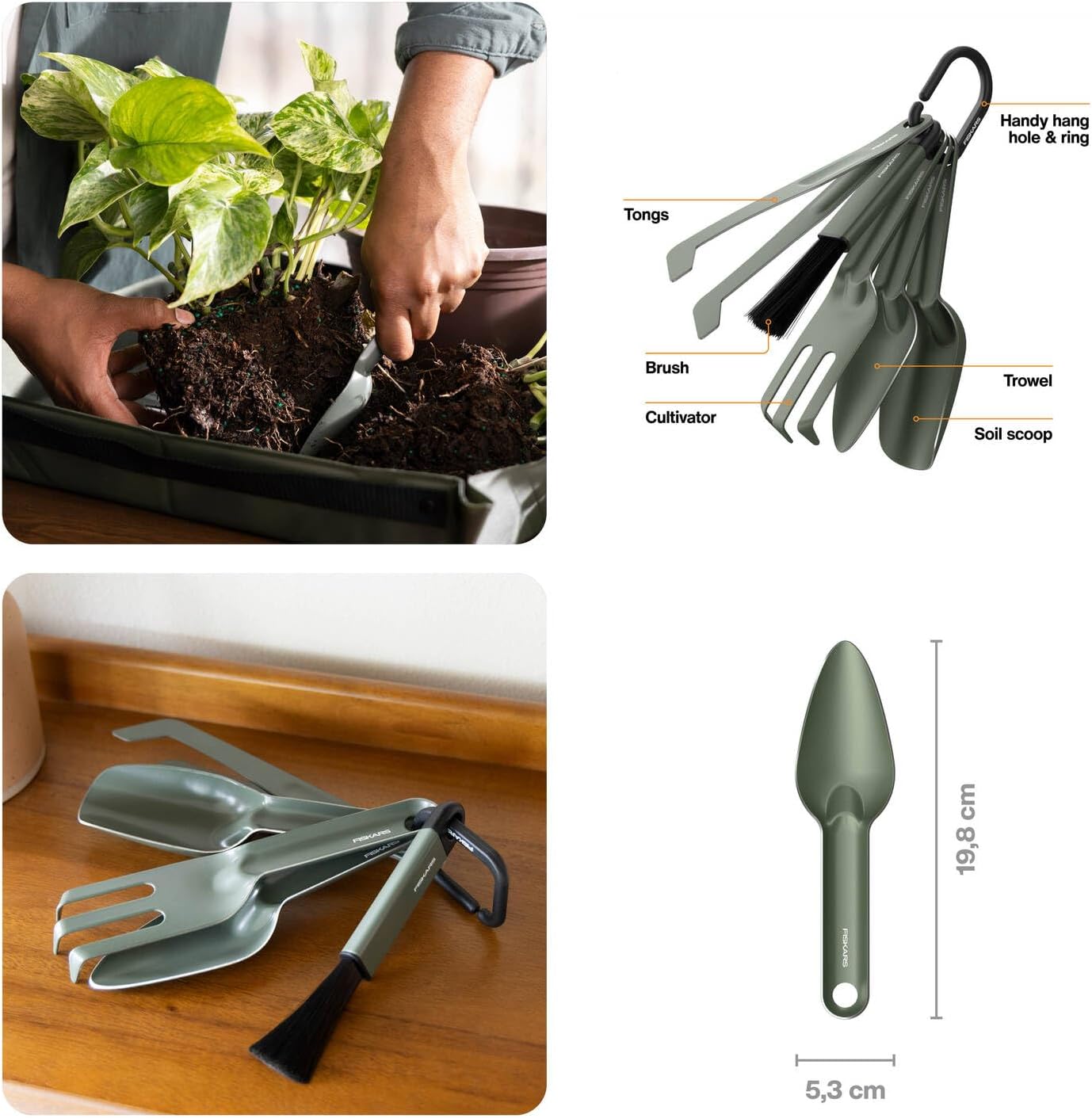 Fiskars Urban Plant Care Planting Tools Set, 5-Piece | All-in-One Kit for Indoor Plants, Space Saving Design, Stainless