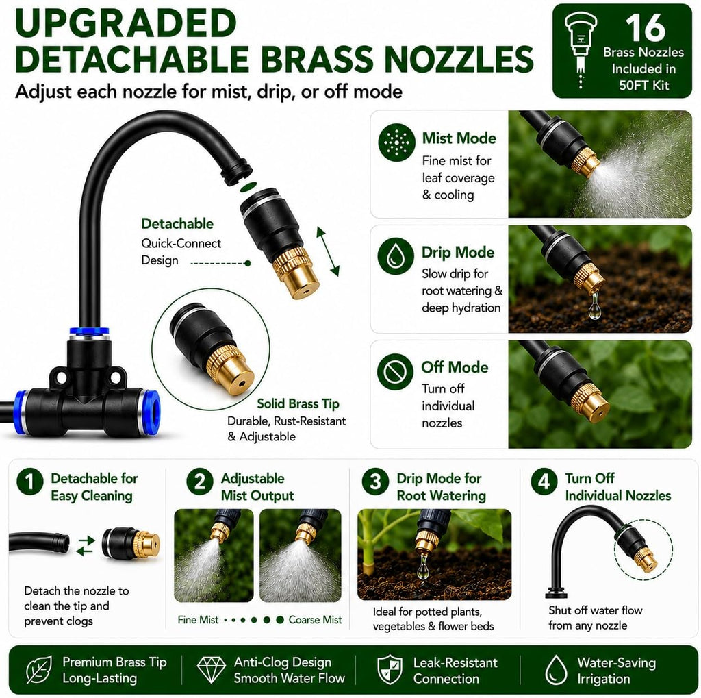 50FT 5/16" Garden Watering Kit with 16 Brass Nozzles | 16 brass nozzles, 5/16" tubing, brass faucet adapter