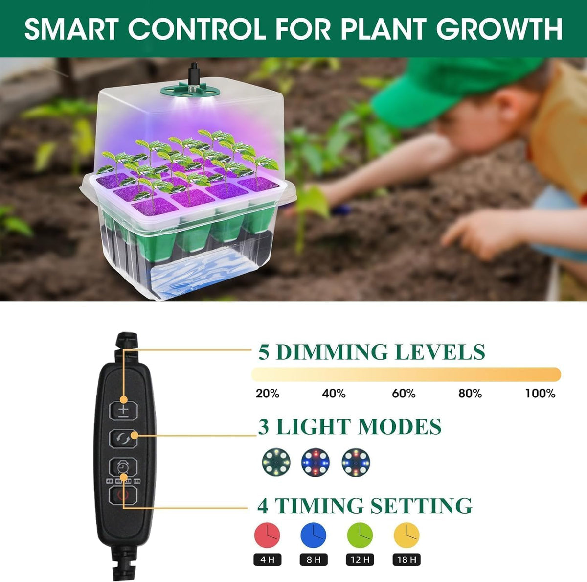 10-Pack Self Watering Seed Starter Tray with Grow Light 120Cell | Smart Timer, Humidity Dome, Ideal For Indoor Plant