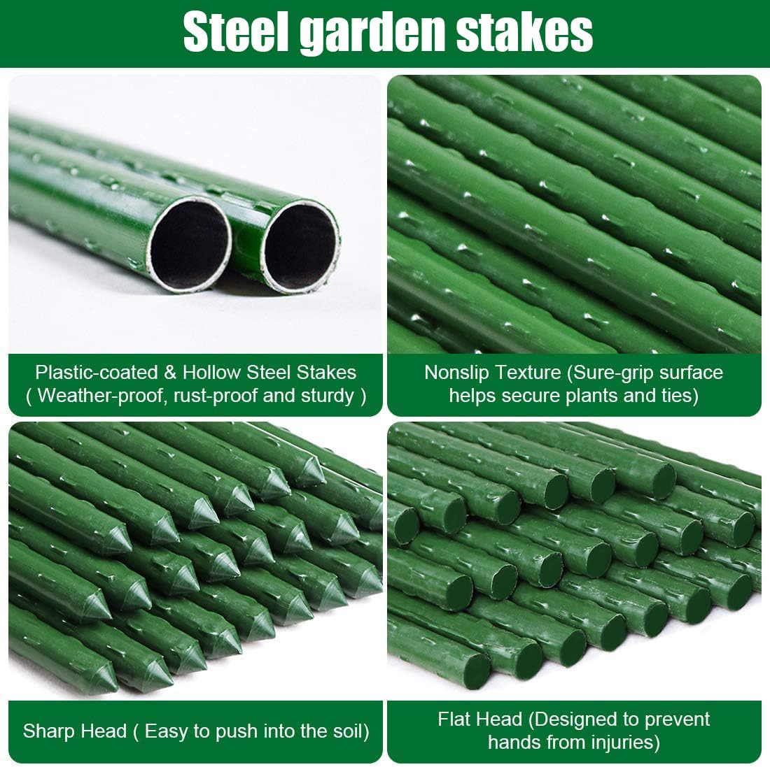 Steel Plant Stakes 3 Feet, Plastic Coated Metal Garden Stakes Supports Climbing for Tomatoes, Trees, Beans, 25 Pack