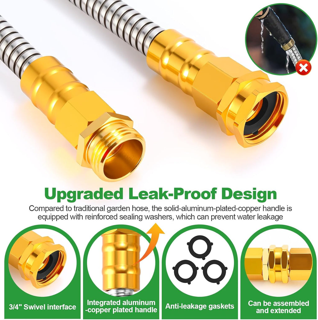 Garden Hose 50FT, Stainless Steel Metal Water Hose with 10-Function Nozzle | No-Kink, Leak-Proof, Wear-Resistant, 3/4