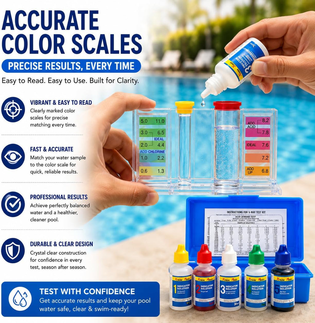 XtremepowerUS 5-Way Swimming Pool Test Kit pH, Chlorine, Bromine, Alkalinity Chemistry Testing with Case Spa, Inground