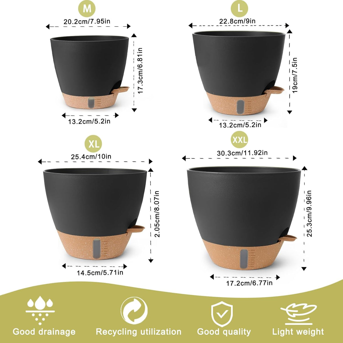 Self Watering Pots for Indoor Plants 12/10/9/8 Inch Plastic with Reservoir | Visible Water Level Indicator,Two Weeks