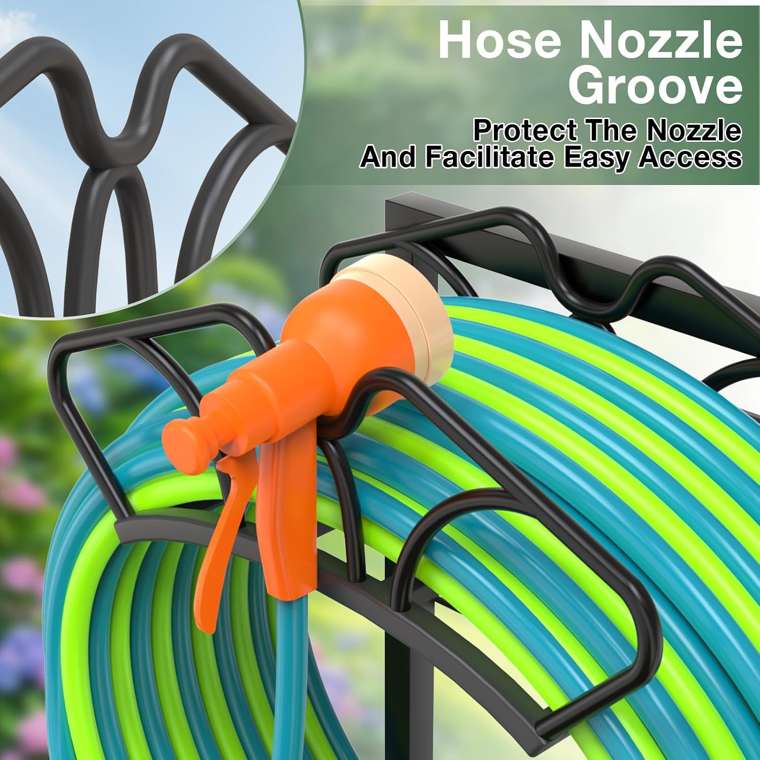 Qatsrin Garden Hose Holder with Large Basket, Heavy Duty Hose Reel, Black | Upgraded Water Hose Storage Stand Holds