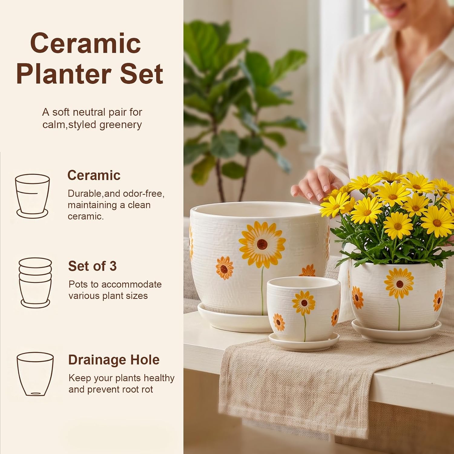 Ceramic Plant Pots,Sunflower Planters with Drainage Holes & Matching Saucer | Ceramic Flower Pot for Indoor Plants