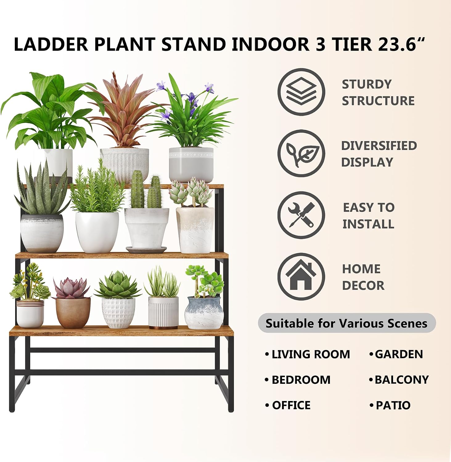 23.6" Wide Plant Stand Indoor, 3-Tier Modern Plant Ladder Shelf Corner Flower Pot Holder Organizer for Living Room