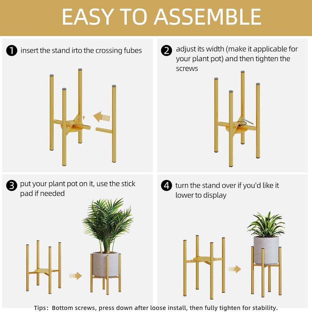 Adjustable Metal Plant Stand Indoor, Fits 8-14 Inch Pots, Mid Century Modern Gold Planter Holder,2 Heights, Heavy Duty