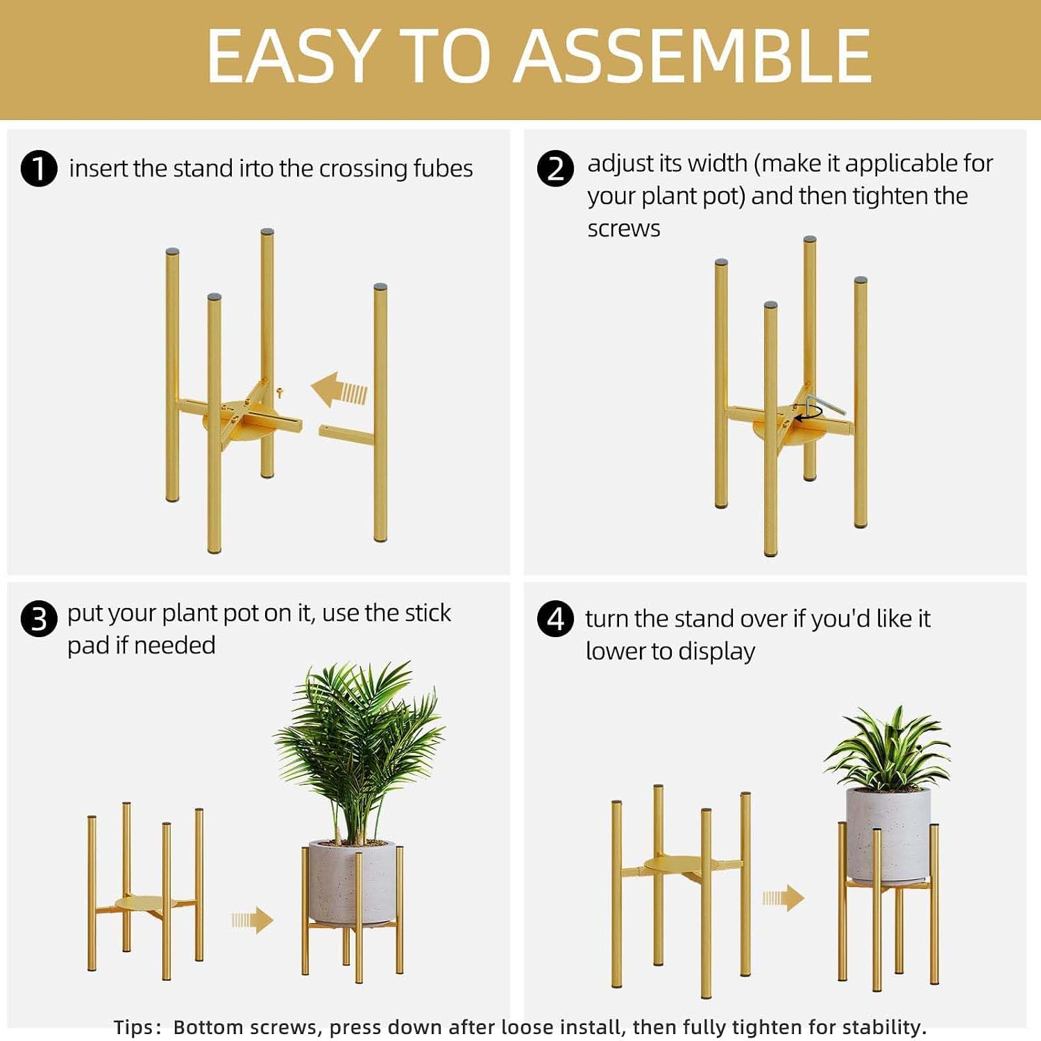 Adjustable Metal Plant Stand Indoor, Fits 8-14 Inch Pots, Mid Century Modern Gold Planter Holder,2 Heights, Heavy Duty