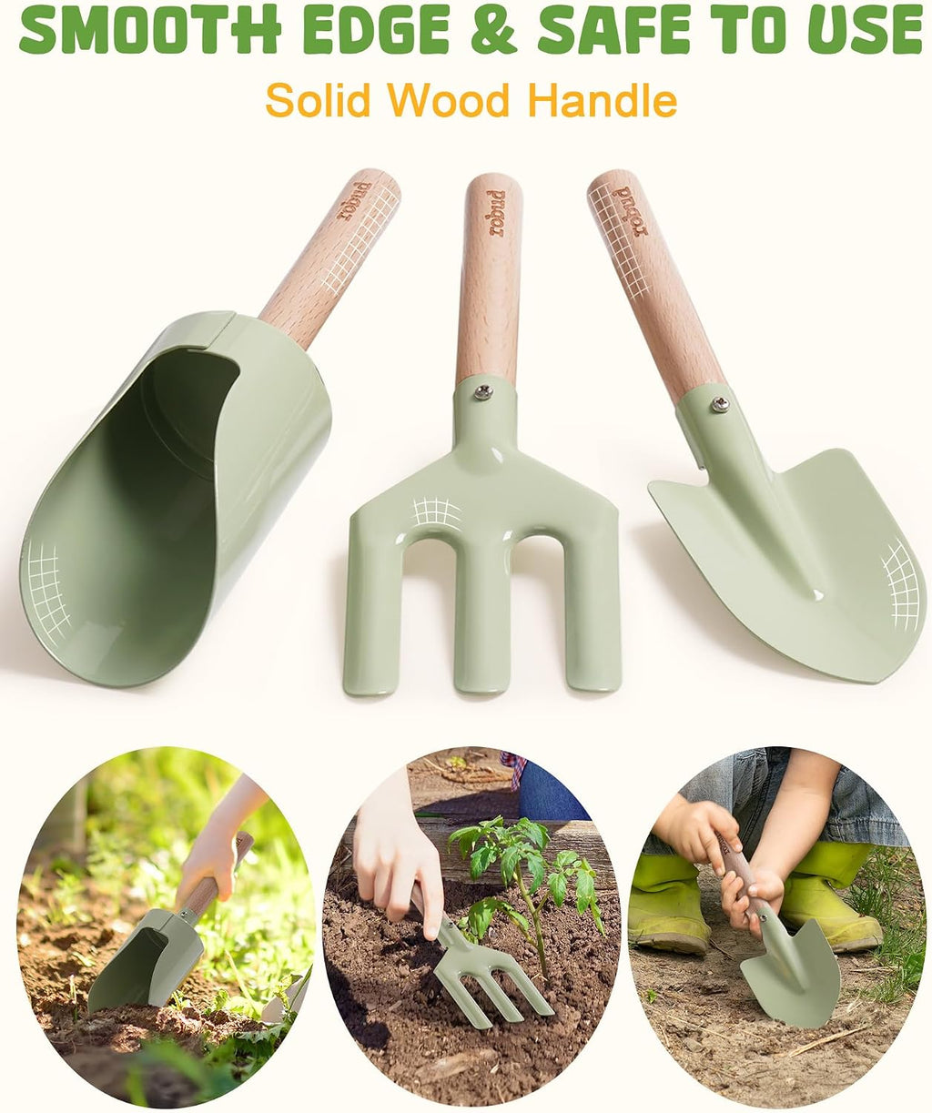 ROBUD Kid Gardening Set, Wooden Garden Tool for Kid, Garden Tool Kit with Tool Storage Bag, Apron, Gloves, Montessori
