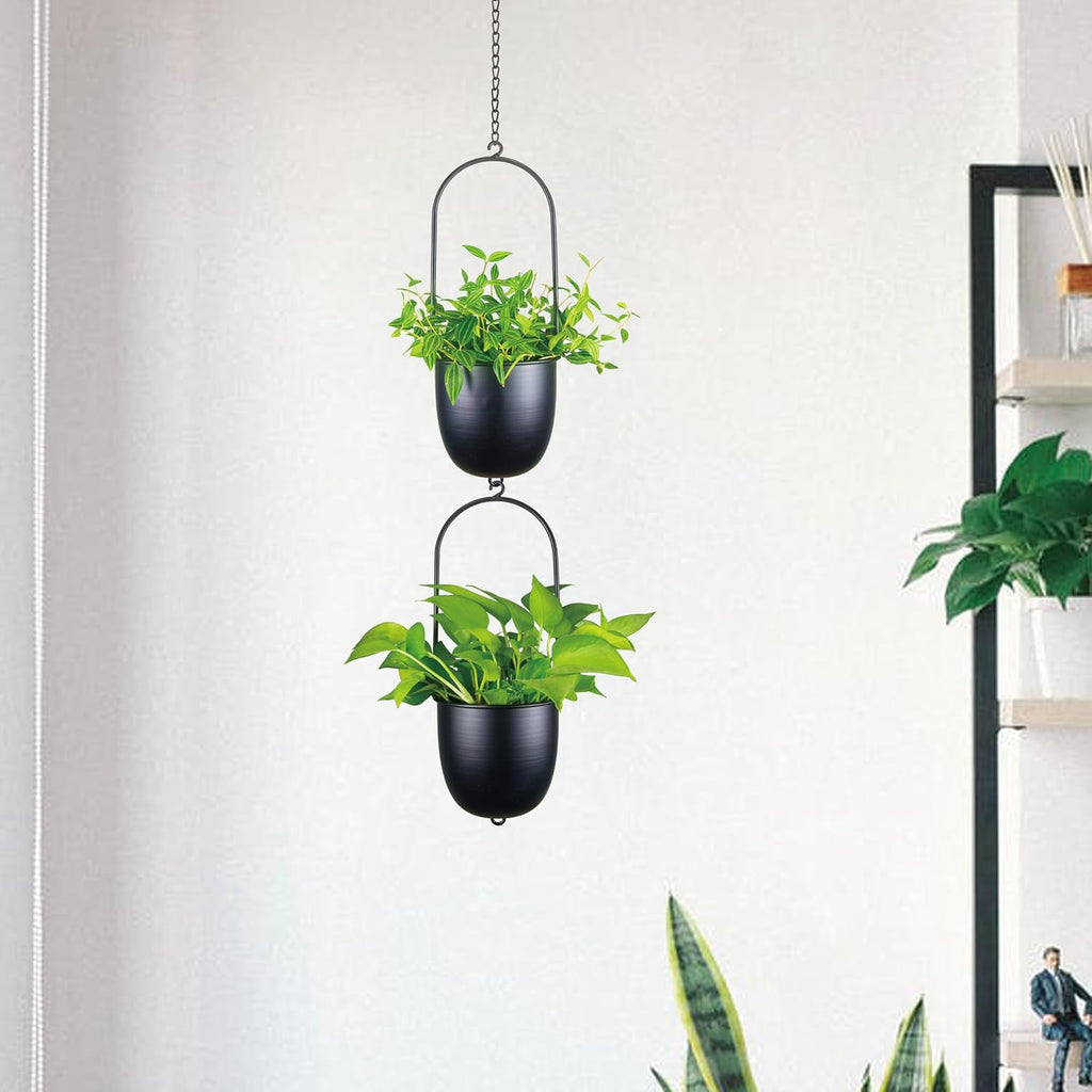 Metal Hanging Planters Set of 2 with 6 Inch Oval Pots - Stackable and Connectable Plant Hangers - Black Modular Wall