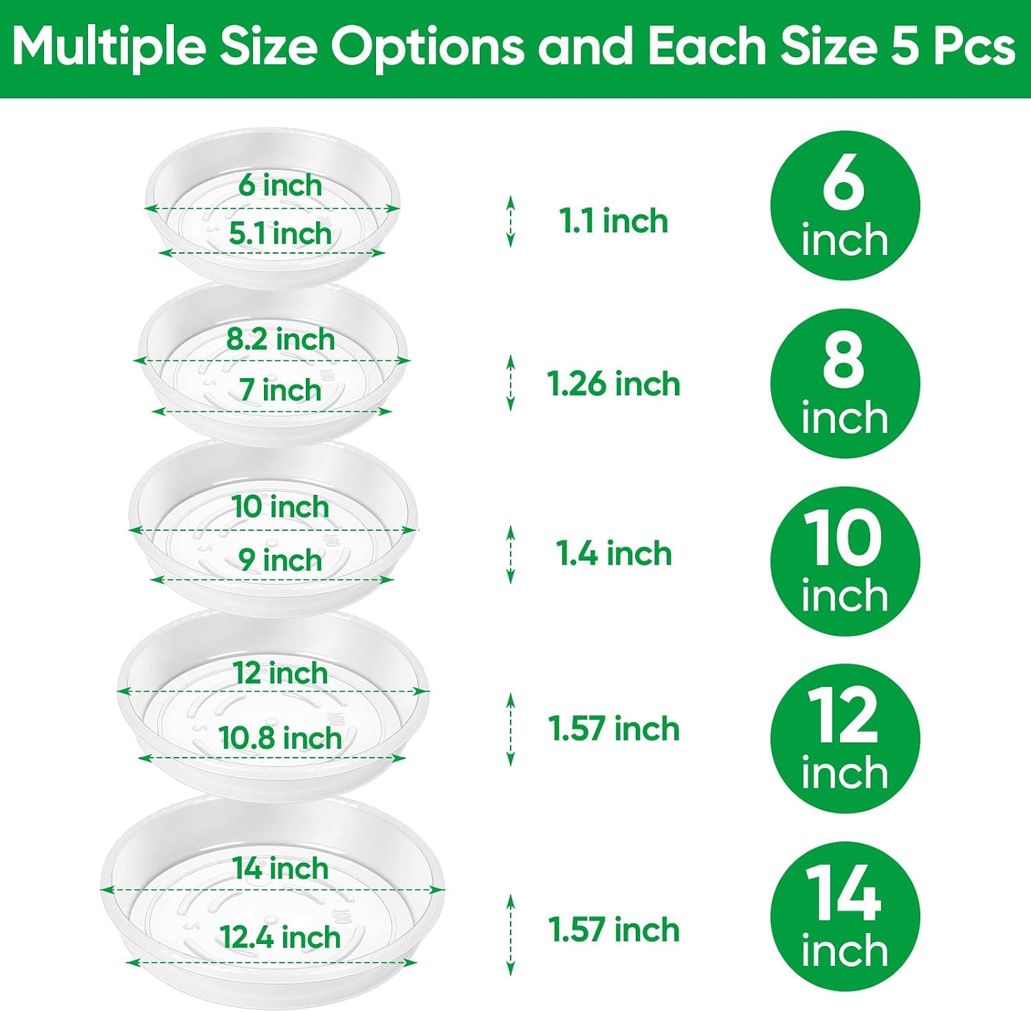 25 Pack Plant Saucer Tray, 6/8 / 10/12 /14 inch Heavy Duty Flower Pot Trays, Plastic Plant Saucer for Indoor & Outdoor